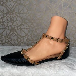 Black and Tan Studded Flats with Pointed Toe